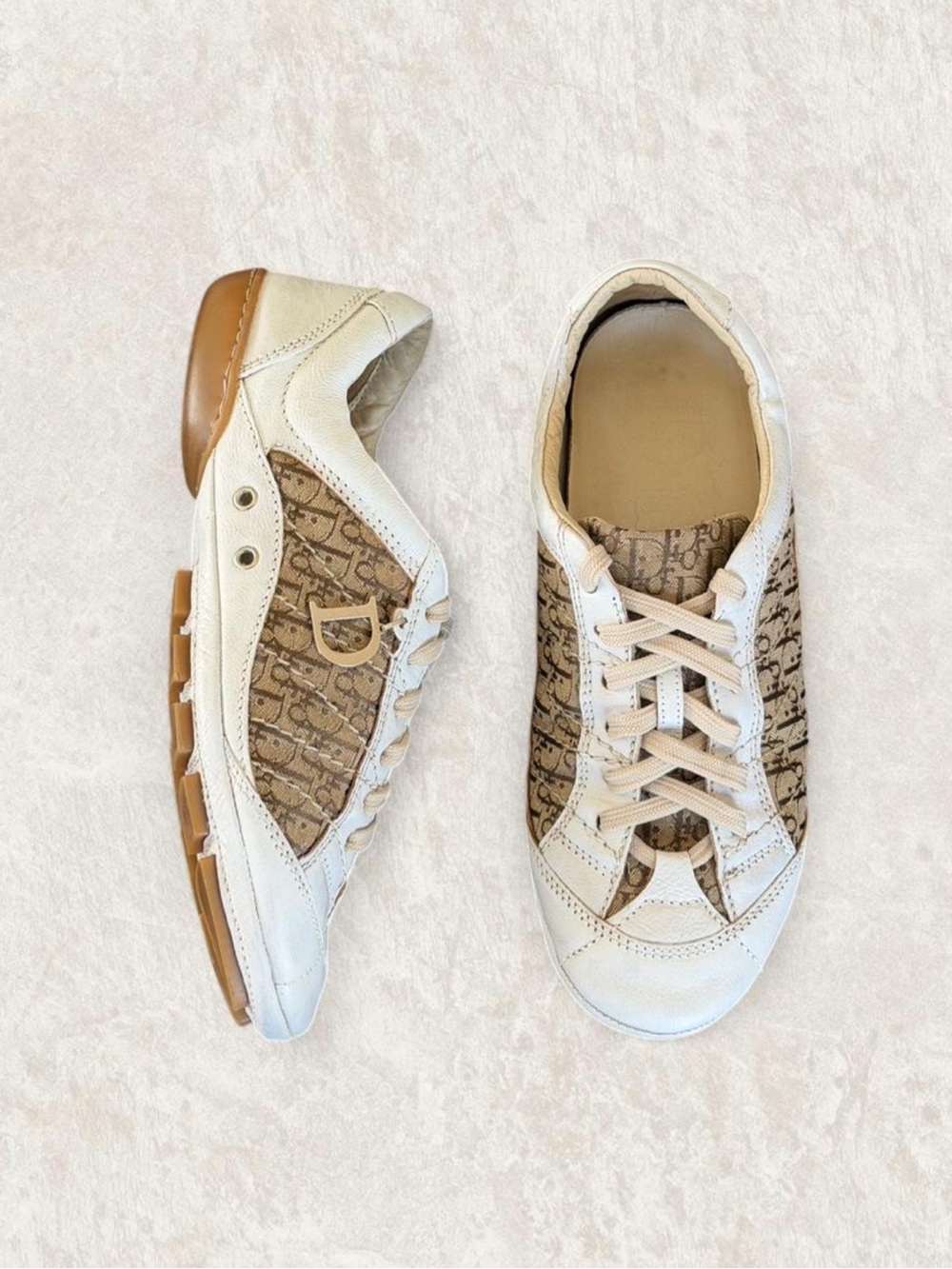 Auth Christian Dior John Galliano Monogram Trotter Logo Leather Sneakers Beige